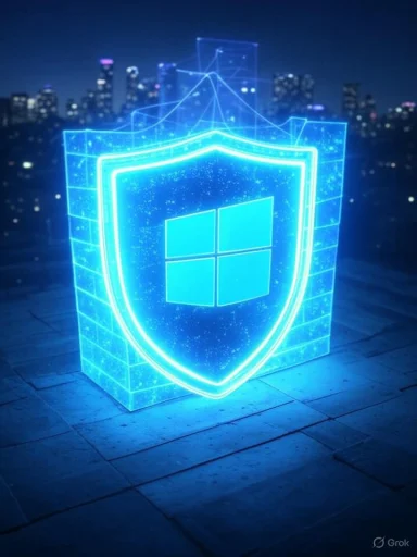 A glowing, holographic shield with the Windows logo in front of a city skyline at night.