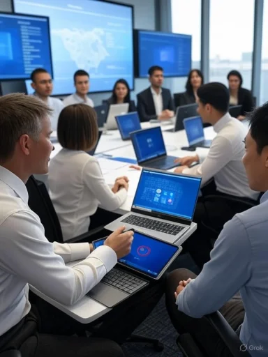 Business professionals attend a high-tech meeting in a modern conference room with multiple screens displaying data. Business professionals attend a high-tech meeting in a modern conference room with multiple screens displaying data.