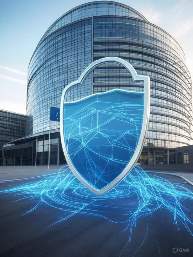 A digital shield with glowing blue lines in front of a modern glass office building, symbolizing cybersecurity or data protection. A digital shield with glowing blue lines in front of a modern glass office building, symbolizing cybersecurity or data protection.