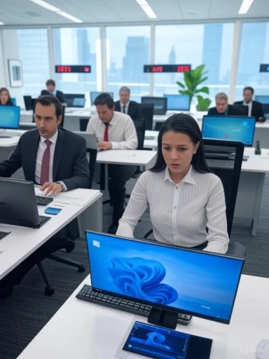 Office workers focused on their computers during a busy workday in a high-rise office.