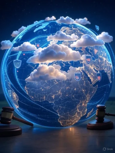 A digital globe with illuminated country borders, clouds, and legal shields, suggesting global justice or digital governance. A digital globe with illuminated country borders, clouds, and legal shields, suggesting global justice or digital governance.