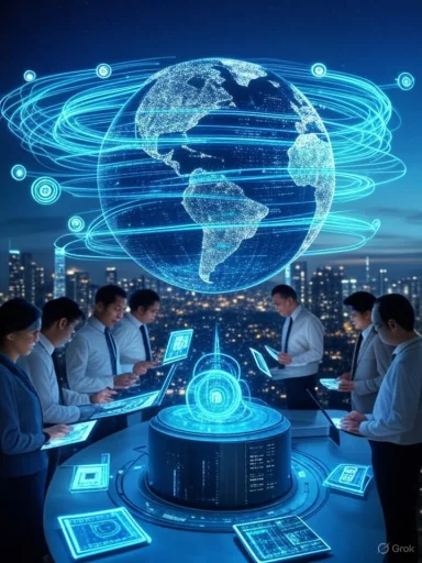 Businesspeople engage with holographic digital data and a glowing Earth projection over a city skyline. Businesspeople engage with holographic digital data and a glowing Earth projection over a city skyline.