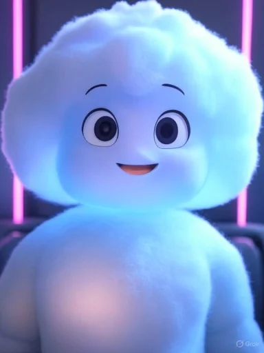 A cute, animated plush character with big eyes and a friendly smile, glowing with soft blue light. A cute, animated plush character with big eyes and a friendly smile, glowing with soft blue light.
