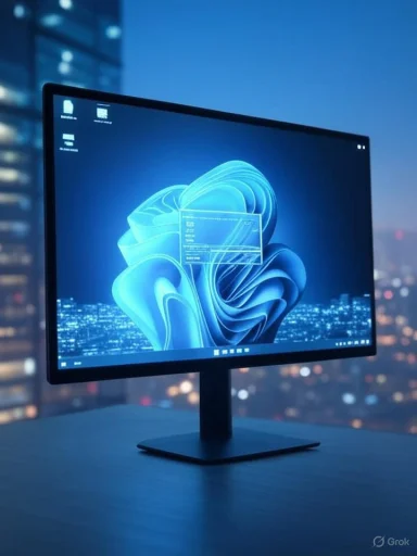 A computer monitor displaying a futuristic blue abstract design against a city skyline at night.