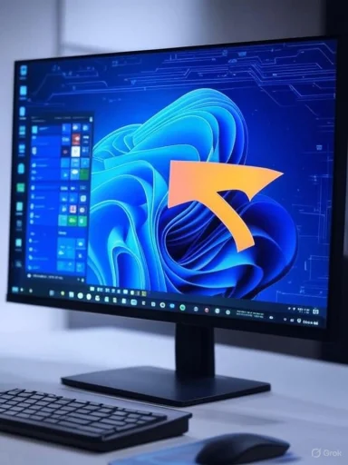 A computer monitor displays a Windows desktop with a blue abstract background and an orange arrow overlay.