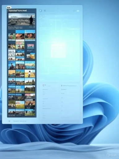 A computer screen displaying a photo gallery, with a sidebar of various thumbnail images against a Windows 11 background.