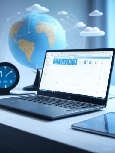 A workspace featuring a laptop with a digital calendar, a globe, clouds, and a clock, suggesting global planning and time management.