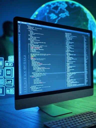 A computer monitor displays code in a high-tech environment with a digital globe in the background. A computer monitor displays code in a high-tech environment with a digital globe in the background.