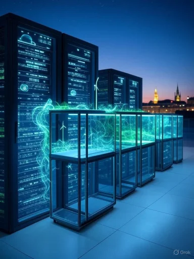 Futuristic data servers with blue neon light, electrical sparks, and wind turbines under a night sky.