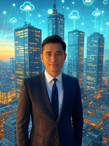 A businessman in a suit stands confidently in front of a futuristic cityscape with interconnected cloud icons above. A businessman in a suit stands confidently in front of a futuristic cityscape with interconnected cloud icons above.