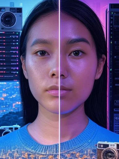 A woman's face split in half, with different lighting and background effects on each side.