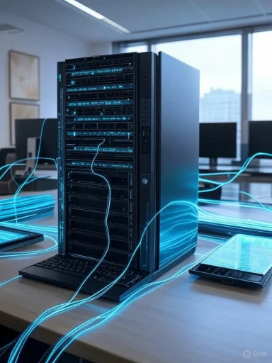 A server tower with glowing blue data streams in a modern office setting.