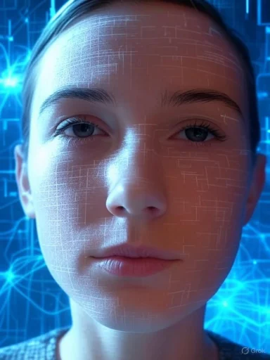 A person with a futuristic digital interface overlay on their face, set against a neon blue tech background.
