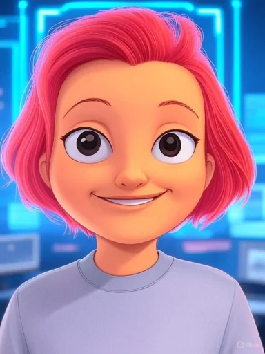 A cartoon girl with pink hair and big eyes, smiling in a futuristic setting.