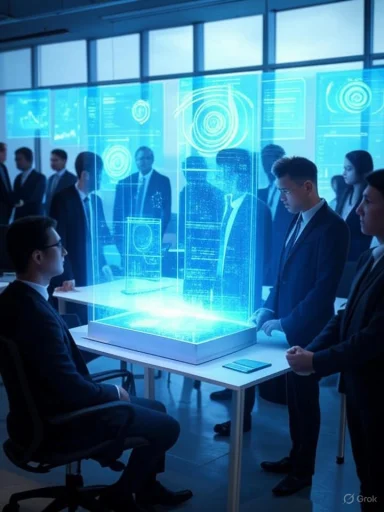 Businesspeople observe a holographic display of graphs and data in a high-tech corporate setting.