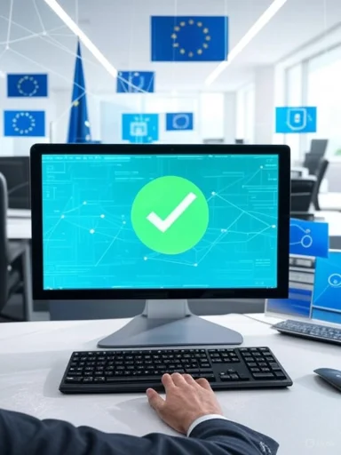 A person completes a task on a computer with a checkmark, indicating success, in a corporate or technological office setting.
