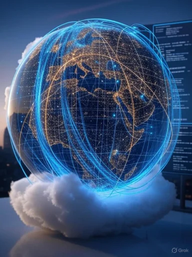 A glowing digital Earth hologram with interconnected lines, set on a cloud-like base against a dark sky background.