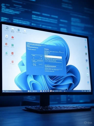 A computer monitor displays a Windows desktop with various icons and an open system information window, set against a background of code.
