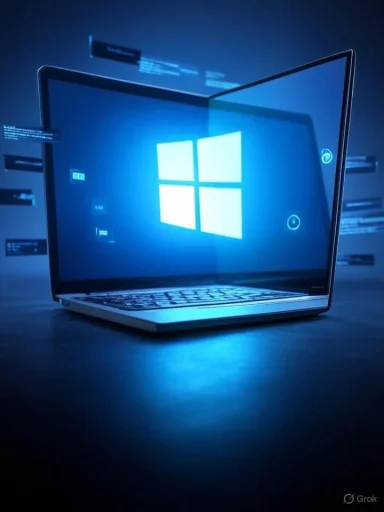 A semi-open laptop displays a glowing Windows logo with floating digital data streams around it in a dark, futuristic setting.