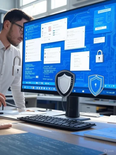A man with a beard and glasses looks at a large computer monitor displaying cybersecurity-themed icons and windows.