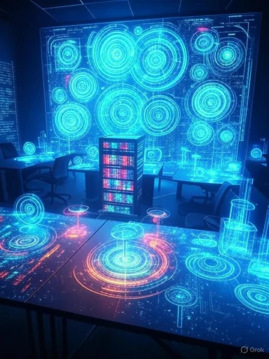 A futuristic control room with holographic displays of concentric circles and data, glowing in neon blue and red.