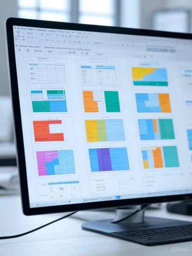A computer monitor displays colorful charts and graphs in a modern office setting.