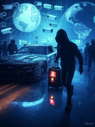Hacker-themed airport with digital cars, global screens, and a person carrying luggage in a dark, tech-focused environment.
