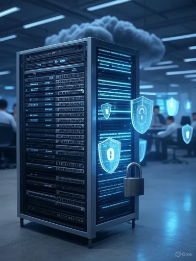 A server rack with digital security shields and a padlock, symbolizing cybersecurity protection in a data center.