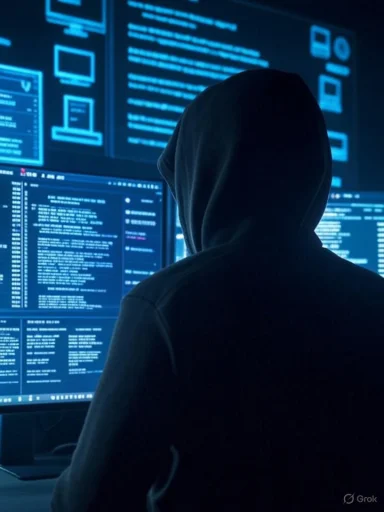 A hooded figure working on multiple screens filled with code or digital data in a dark, high-tech environment.