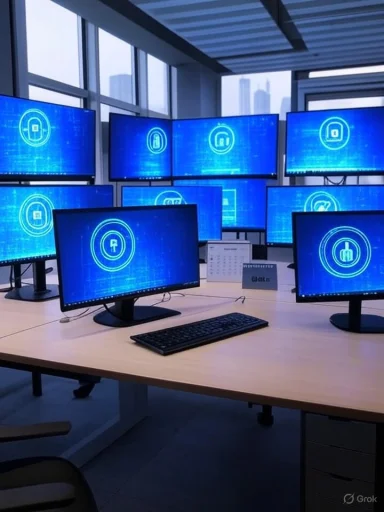 Multiple monitors display a blue digital security or lock icon in a modern office setup.