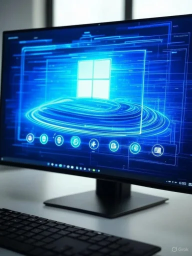 A computer monitor displays a futuristic, digital interface with a Windows logo and icons in a neon blue theme.