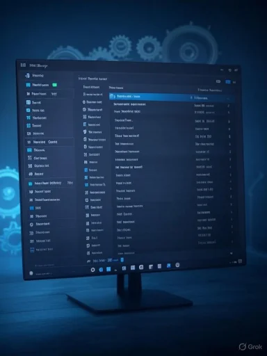 A computer monitor displays a code or data interface with a blue-themed background featuring gear icons.