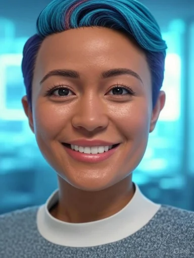 A person with short, colorful hair smiling brightly in a modern indoor setting. A person with short, colorful hair smiling brightly in a modern indoor setting.
