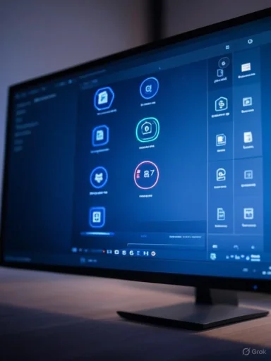 A computer monitor displays a dark-themed interface with various app icons and a circular speedometer-style element.