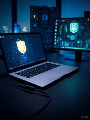 A laptop and monitor display digital security shields in a dark, high-tech cybersecurity setup. A laptop and monitor display digital security shields in a dark, high-tech cybersecurity setup.