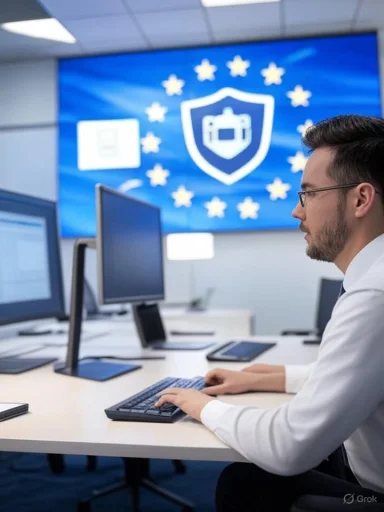 A man working on a computer in front of a European Union security and data protection display.
