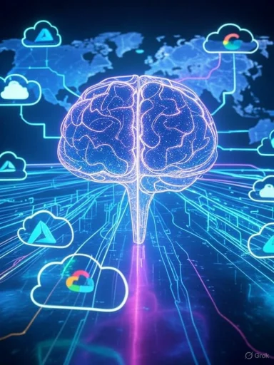 A digital illustration of a brain connected to cloud computing and global data networks.