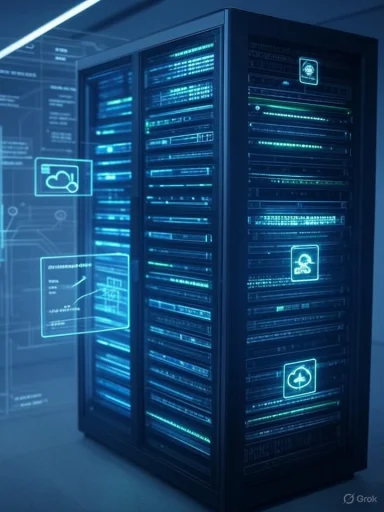 A data center server rack illuminated with digital icons representing cloud storage and data transfer.