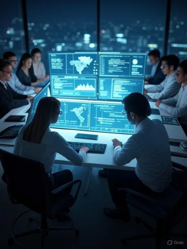 A team of professionals analyzing data and maps on large digital screens in a high-tech conference room at night.