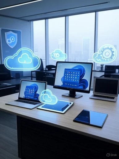 Multiple digital devices in a modern office are highlighted with cloud technology icons, indicating cloud computing. Multiple digital devices in a modern office are highlighted with cloud technology icons, indicating cloud computing.
