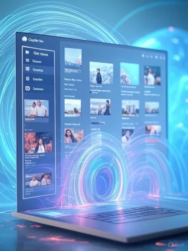A futuristic digital interface displaying video thumbnails and options on a transparent, holographic laptop.