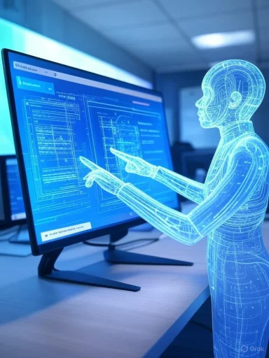 A digital, holographic humanoid figure interacts with a computer screen displaying technical schematics in a high-tech workspace.