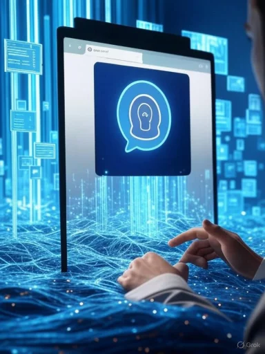 A person interacts with a computer screen displaying a digital avatar or AI icon, surrounded by a futuristic, data-driven digital environment.