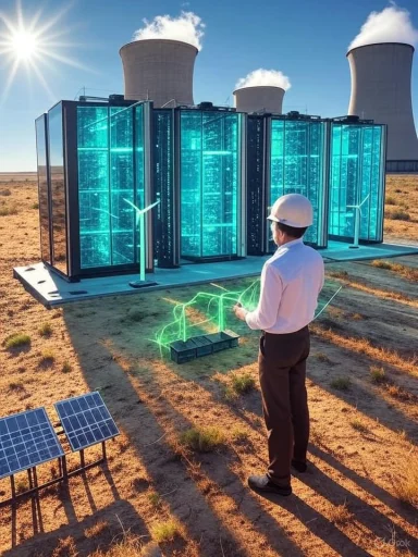 A scientist in a white helmet monitors a futuristic green energy display outdoors near wind turbines and a solar panel array.