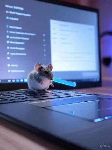 A tiny mouse appears to sit on a laptop keyboard, with a blurred computer screen in the background.