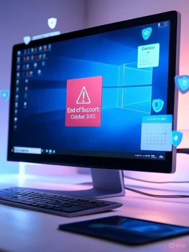 A computer monitor displays a warning message in German with 'Ende der Support' for October 2028, surrounded by security shield icons. A computer monitor displays a warning message in German with 'Ende der Support' for October 2028, surrounded by security shield icons.