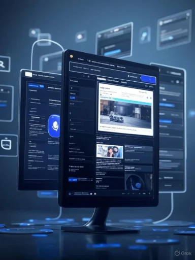 Digital screens display social media and news content amidst floating app icons, illustrating a high-tech, connected digital environment.