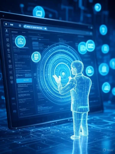 A digital hologram of a person interacting with a futuristic touchscreen interface filled with icons and data.