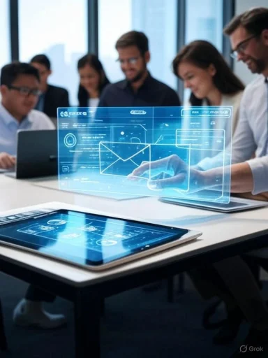 Business team interacting with holographic digital interface in a modern office.
