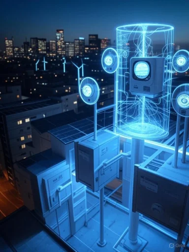 Futuristic digital rendering of a network of wireless communication devices above a cityscape at night.